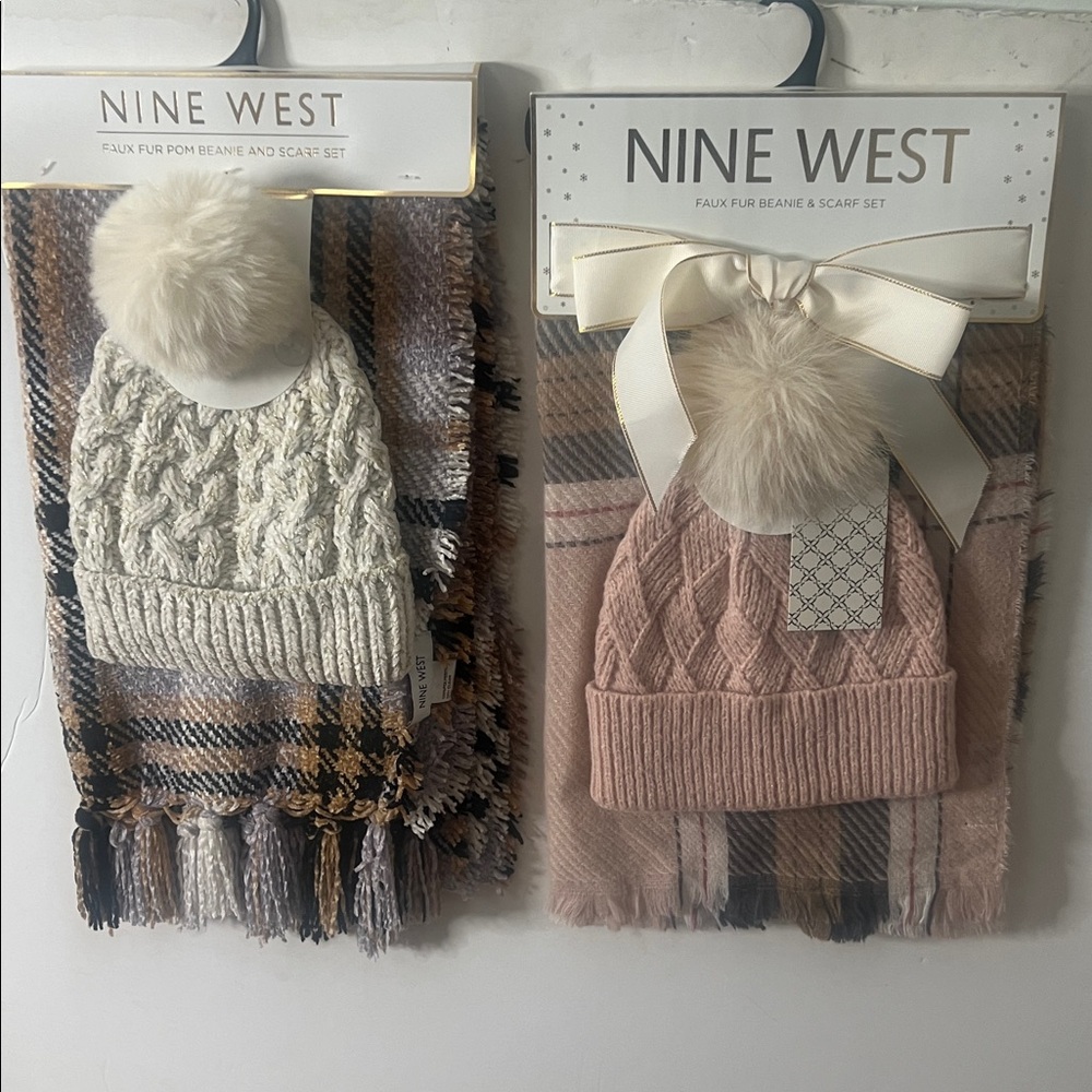 Nine West Cream Fur pom Beanie and Plaid Scarf Set